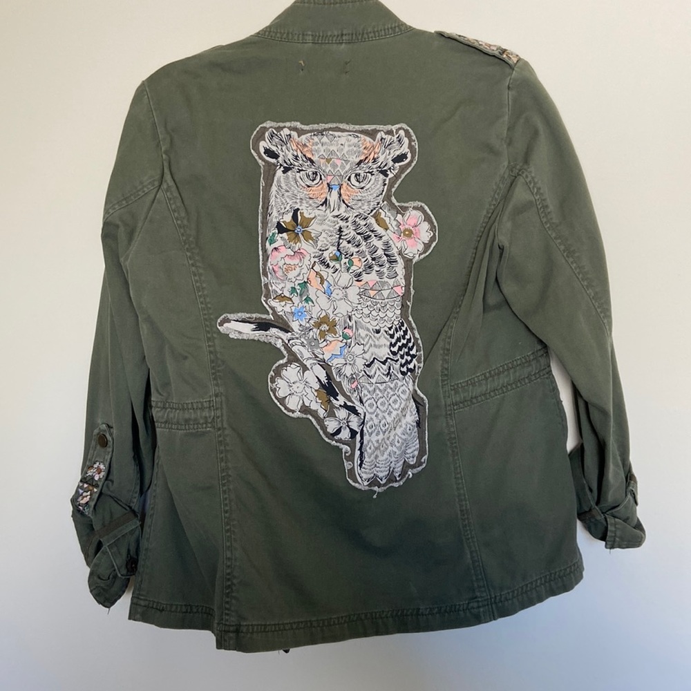 Democracy Green Military Denim Jacket with boho print